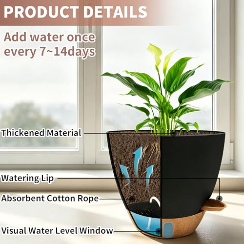 12"/10"/9"/8" Self Watering Pots with Visual Water Window,Extra Large Self Watering Plant Pots with Drainage Holes & Saucers,Black Planters for Indoor Plants,4-Pack - color: Black