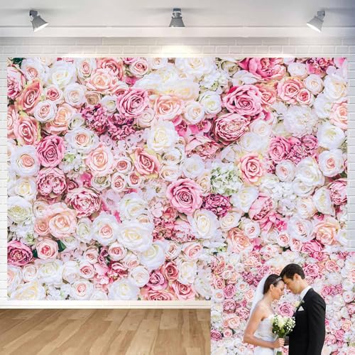 8x6ft Rose Floral Wall Backdrop Pink Rose Flowers Background Tea Party Backdrops Wedding Birthday Bridal Shower Valentine's Day Mother's Day Party Decoration Banner Studio Props - size: 8x6ft