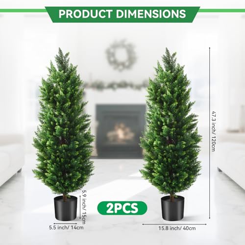 4FT Artificial Topiary Cedar Trees 2 Set, Fake Trees Outdoor Indoor UV Resistant Faux Bushes Artificial Shrubs for Garden Home Front Door Office Decor
