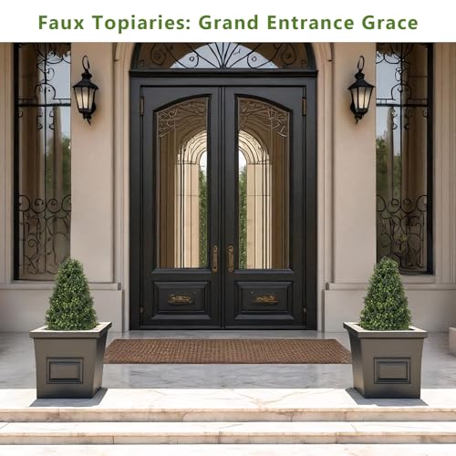 30" Boxwood Topiary Trees Artificial Outdoor Set of 2, UV Resistant Faux Plants for Front Porch Planters, Realistic Cone-Shaped Fake Bushes & Shrubs, 2.5ft Evergreen Decoration - color: Boxwood Dark Green, size: 30in