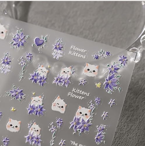 Purple Flower Nail Art Stickers 5D Powder Blusher Cat Nail Decals 1PCS Embossed Heart Petal Lavender Design Stickers Summer Floral Adhesive Nail Accessories for Manicure Decor - style: Style6-Lavender Cat