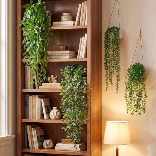 Daifunli 16 Pcs Artificial Hanging Plants Fake Hanging Ferns Plastic Fake Plants for Wall Room Garden Garland Indoor Outdoor Decor No Basket (Eucalyptus,Mandala,String of Pearls,Pea) - style: Eucalyptus, Mandala, String of Pearls, Pea