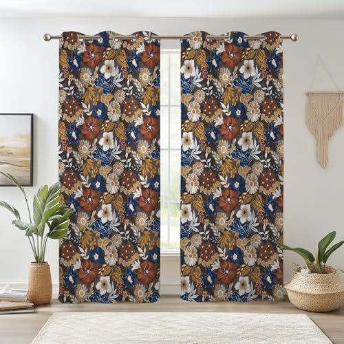 Renaiss Bohemian Floral Blackout Curtains, Blue Brown White Flower Thermal Insulated Bedroom Window Curtains, Boho Style Patterned Window Curtains for Kitchen, 45" L x 29" W 2 Panel Set - color: Brown, size: 29"W x 45"L (Pack of 2)