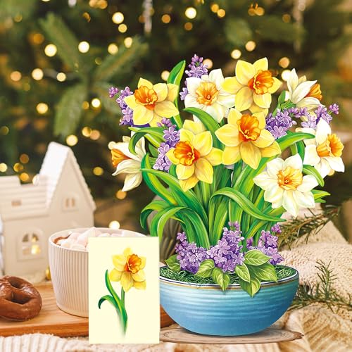 Airpark 3D Pop Up Paper Flowers Bouquet Card 12’‘ with Note & Envelope, Birthday Gifts, Get Well, Thank You, Greeting Cards for Women Mom Wife Friends, Yellow Daffodils - style: Yellow Daffodils