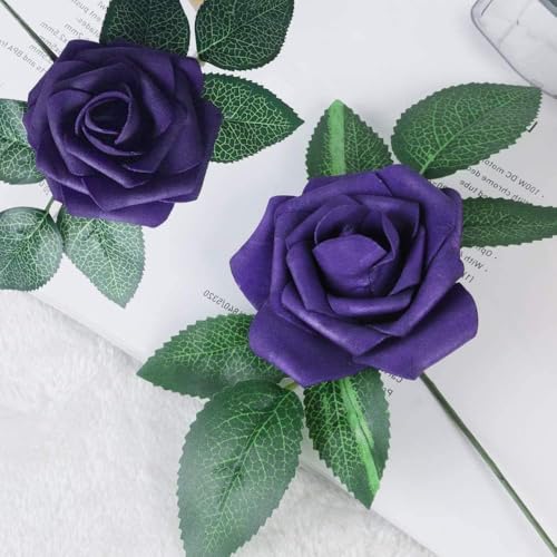 Higfra Artificial Flowers 50 Stems Realistic Roses - Lifelike Fake Flowers for Wedding Bouquets, Baby Shower Decor, Home Centerpieces, DIY Floral Arrangements (Dark Purple, 50Pcs) - color: Dark Purple, size: 50Pcs