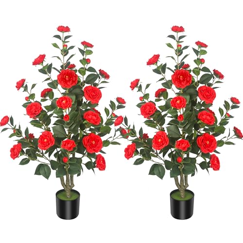 2Pack 39.37"/3.28FT Artificial Camellia Trees with 32 Red Flowers in Cement Pots – Lifelike Fake Trees for Front Porch, Home, Indoor Outdoor Spring Decor, Office or Housewarming Gifts - color: Red, size: 39.37 inchx2