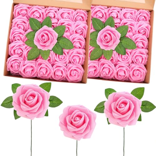 100 Pcs Artificial Foam Rose Flower Faux Bouquet Wedding Fake Rose Gift for Mother's Day Women DIY Bridal Shower Party Table Birthday Home Spring Decor (Bright Pink) - color: Bright Pink