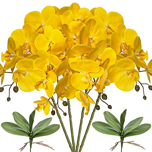 FagusHome 32" Artificial Phalaenopsis Flowers 4 Pcs with 2 Bundles Leaves Artificial Orchid Flowers Stem Plants Fake Butterfly Phalaenopsis Flowers for Home Wedding Party Décor (Yellow) - color: Yellow