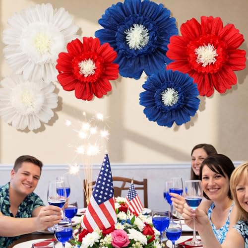 Giegxin 6 Pcs 31.5" 24" 4th of July Giant Crepe Paper Flowers 250th Red White Blue Paper Flowers America Patriotic Decorations USA Tissue Floral for Wall Independence Day Birthday Party Decor - color: Red,Blue,White, size: 31.5", 24"