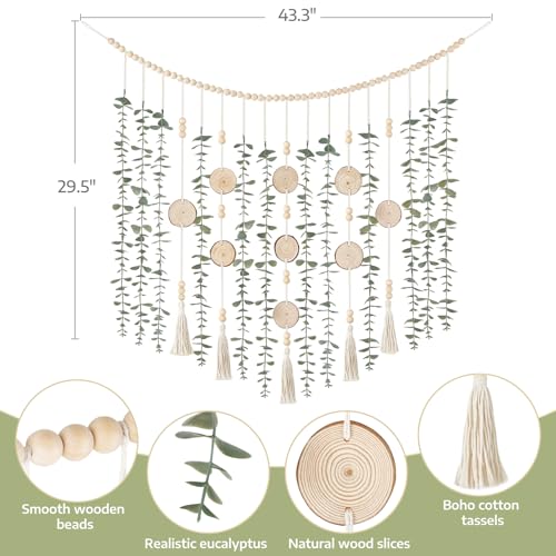 Dahey Hanging Artificial Plant Eucalyptus Wall Decor 43'' Wooden Bead Garland with Fake Greenery Leaves Boho Rustic Farmhouse Wall Art for Living Dining Room Bathroom Bedroom Kitchen Decoration - size: 43 inches
