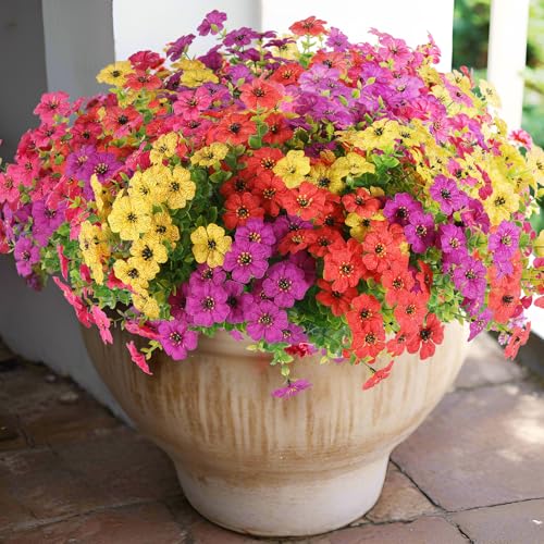 Rowfad 18 Pcs Artificial Daisy Flowers for Outdoors UV Resistant Fake Plastic Colorful Spring Flowers Faux Silk Plants for Outside Porch Easter Patio Home Decor (18, Red, Purple, Yellow, Rose Red) - color: Red, Purple, Yellow, Rose Red