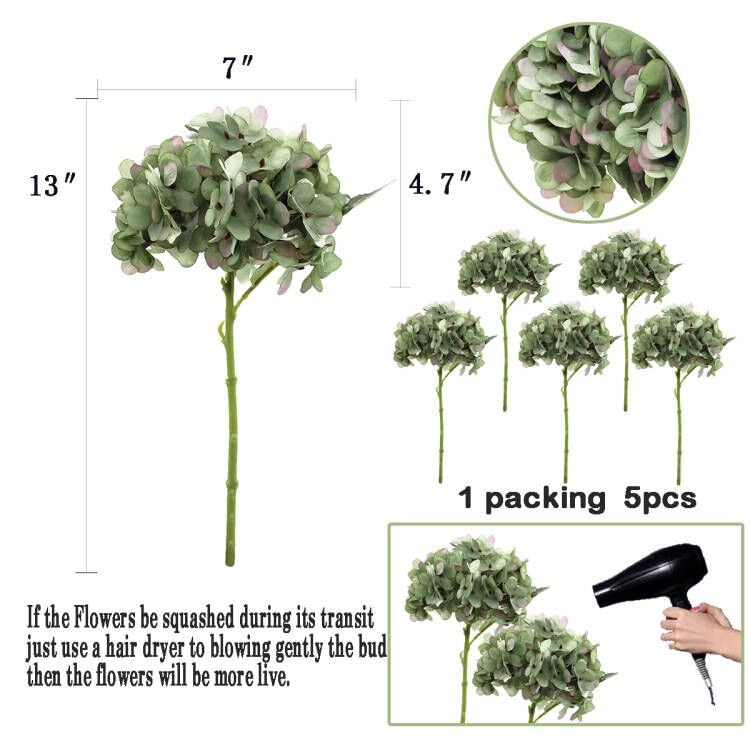 6Pcs Artificial Fake Flowers Plants Silk Hydrangea 1 Flower Head Arrangements Wedding Bouquets Decorations Plastic Floral Table Centerpieces Home Kitchen Garden (Saga Green) - color: Saga Green