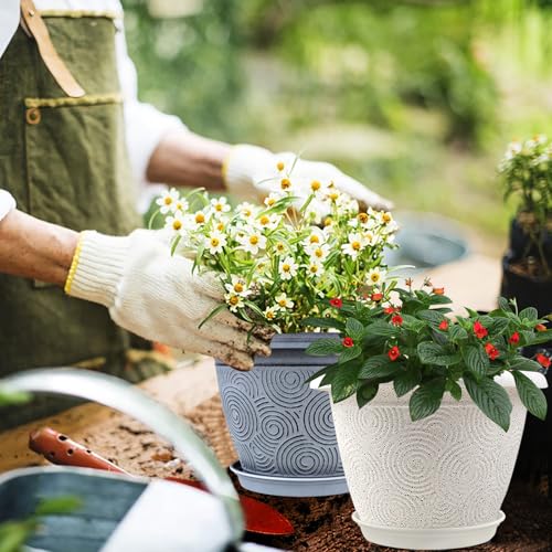 Fodetyff 6 Inch Flower Pots Planters for Indoor Outdoor Plants, 6 Pack Plastic Small Plant Pots with Drainage Hole & Tray, Modern Decorative Garden Pot with Saucer, Plant Container for House - color: White, size: 6 inch-6 pack