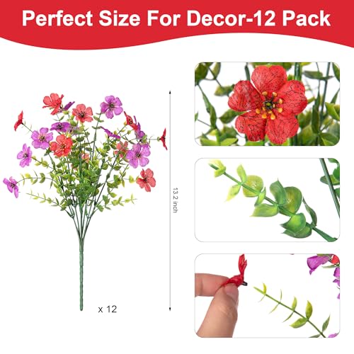 Artificial Fake Flowers Plants for Outdoor Spring Decor, 12 Bundles Faux Silk Flowers for Outdoor Outside Planter Colorful Daisy UV Resistant Look Real for Front Door Porch Patio Yard(Red Purple) - color: Red Purple