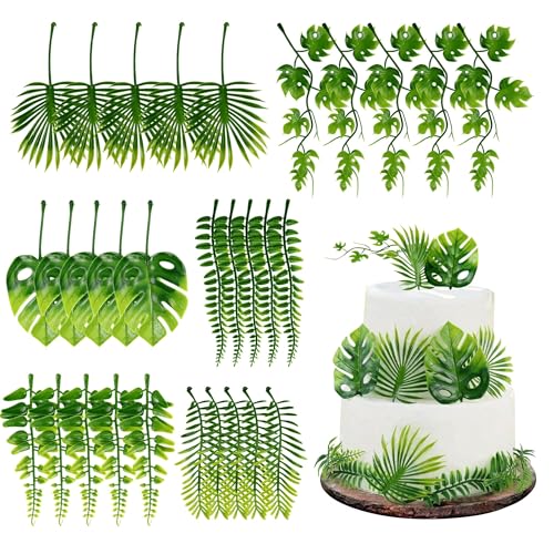 30PCS Artificial Monstera Leaf Cake Toppers Tropical Palm Green Leaves Cake Decors for Summer Safari Animal Boys Girls Birthday Tropical Rainforest Baby Shower Party Table Centerpiece Decorations - color: Green Leaves