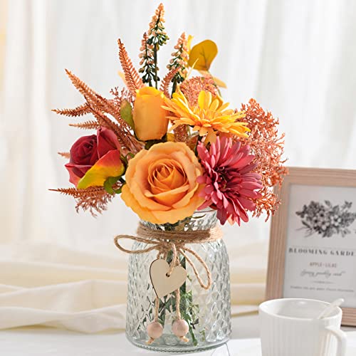 Artificial Flowers with Vase, Faux Silk Flowers Arrangement in Vase, Rustic Home Office Decorations, Farmhouse Dining Table Decor, Coffee Table Centerpiece, Fall Table Plant Decor - color: Autumn Red Yellow