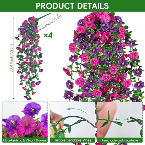 Artificial Hanging Flowers for Outdoors, 4Pcs UV Resistant Artificial Hanging Morning Glory Flowers, Spring Realistic Faux Outdoor Flower for Porch Patio Yard Garden Farmhouse Decor (Purple+Fuchsia) - color: Purple+fuchsia