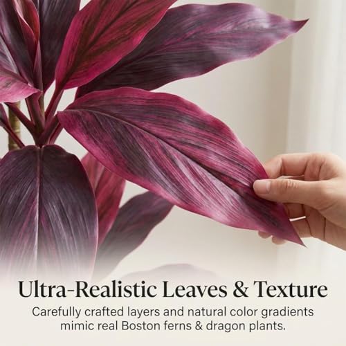 2pcs Large Realistic Artificial Boston Fern & Dragon's Blood Tree, Waterproof Plants with Vibrant/Leaves, UV Resistant Outdoor Fake Plants for Garden, Patio, Wedding, Balcony (3pc)