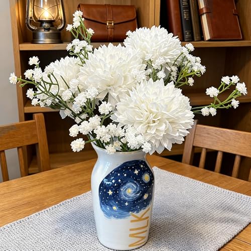 Tinsow 12 Pcs Artificial Flowers Faux Ball Chrysanthemum Bouquet Silk White Flowers Bridal Wedding Bouquet for Home Garden Party Wedding Decoration (White, 12) - color: White
