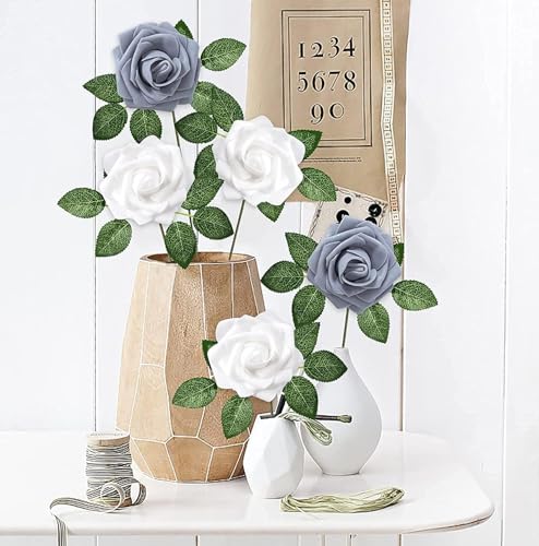 Higfra Artificial Flowers 50 Stems Realistic Roses - Lifelike Fake Flowers for Wedding Bouquets, Baby Shower Decor, Home Centerpieces, DIY Floral Arrangements (himmer Silver Grey, 50Pcs) - color: Himmer Silver Grey, size: 50Pcs