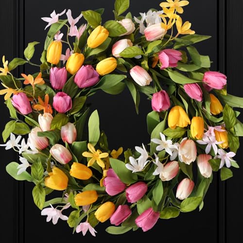 22" Tulip Wreath Spring/Summer Wreaths Artificial Floral Wreaths for Front Door Yellow Pink Tulip Easter Wreath for Indoor Outdoor Home Holiday Party Wedding Decor