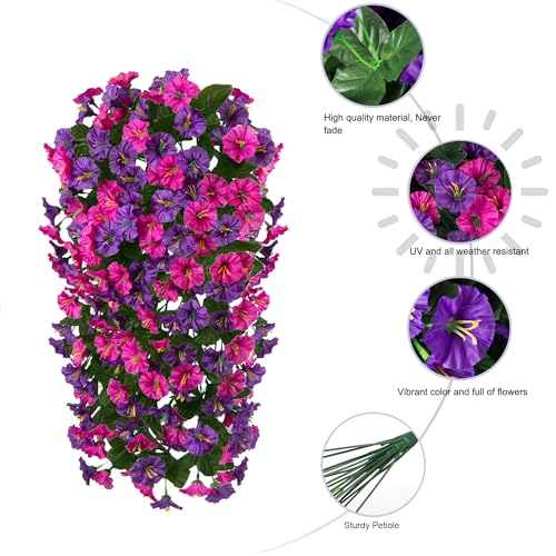 HyeFlora Artificial Fake Hanging Flowers Plants for Outdoor Outside, 2PCS Faux Silk Morning Glory Trailing Vines UV Resistant Look Real for Home Planter Porch Patio (Dark Purple and Fuchsia) - color: Dark Purple and Fuchsia 2