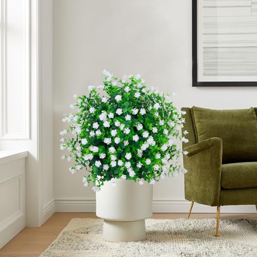 THKFUL Artificial Flower Topiary Ball Trees Outdoor Set of 2 - White Boxwood Ball Fake Plants with Ground Spike,23" Realistic Faux Shrubs UV Resistant for 4th of July Front Porch Window Box Decor - style: White