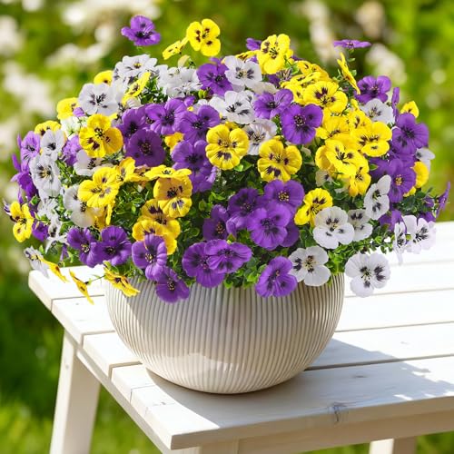Alupssuc 24 Bundles Artificial Flowers for Outdoors Spring Decorations, Big Fake Flowers UV Resistant Realistic Pansies with Eucalyptus Silk Faux Flowers for Porch Yard, Yellow White CrimsonPurple - color: Yellow, White, Crimsonpurple