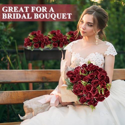 Zeyune 8 Pack Artificial Mini Burgundy Roses, 12 Inch Fake Flowers with Stems, 80 Small 1.6 Inch Flower Heads, Silk Mini Rose Bouquets for Wedding Centerpieces, Bridal Bouquets, Home Party Decor - color: Burgundy