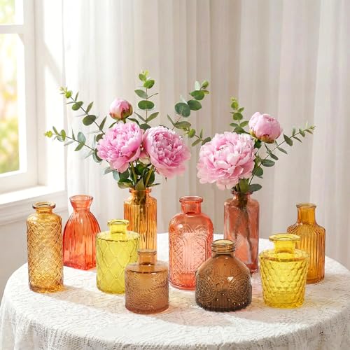 Set of 30 Gold Colored Glass Bud Vases - Small Textured Flower Vases for Centerpieces, Wedding Table Decor, Retro Home Decor Bulk Fall Vase Set for DIY, Events & Gifts - color: Fall Color
