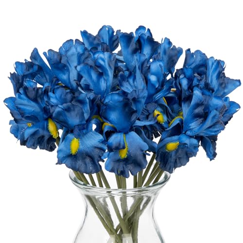 Hollyone Iris Artificial Flowers 15Pcs Faux Iris Blue Flowers 14.2" Real Touch Fake Flowers Picks Bouquets for Wedding Bridal Home Arrangements Office Table Centerpieces Decor - color: Blue