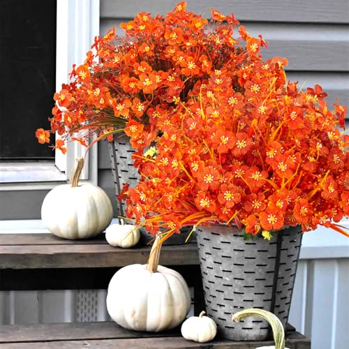 Grunyia 20 Bundles Artificial Fall Flowers Outdoor,No Fade Fake Plastic Flowers,Faux Autumn Plants for Indoor Outside Garden Porch Window Box Home Wedding (Fall Red) - color: Fall Red