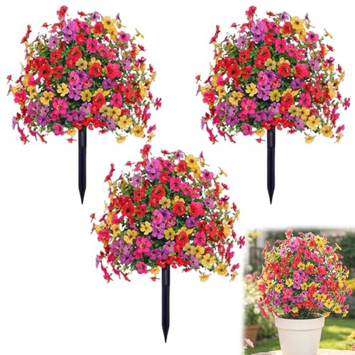 Artificial Petunias with Ground Stake - UV Resistant & Waterproof Faux Flowers for Outdoor Indoor Garden, Yard, Planter, Porch & Home Decor (3pcs) - color: Colorful 3pcs