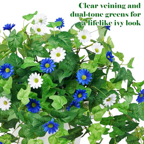 Krissing 3 Pcs Artificial Flowers for Outdoors UV Resistant Fake Greenery Plants with Daisy Flowers for Outside Planters Porch Window Box Home Decor (Blue, White) - color: Blue+white, size: 3