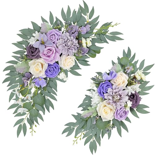 Purple Wedding Arch Flowers Set of 2, Artificial Arch Faux Flower for Centerpieces Party Home Decor, Ceremony Retirement, Birthday, Photo Backdrop Decor (Purple) - color: Purple