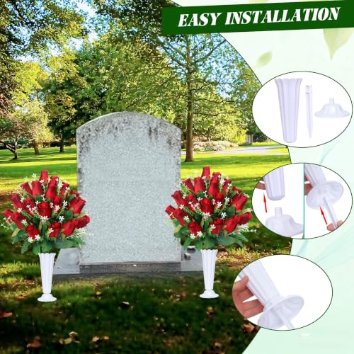 Artificial Cemetery Flowers for Grave,2Pack Memorial Roses Bouquets with Vase for Grave Tombstone Decorations (Red) - color: Red