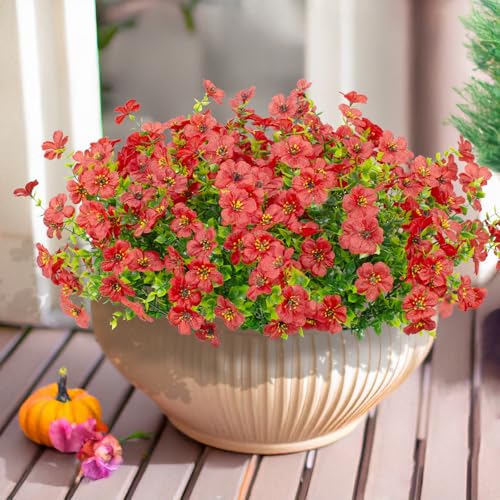 LikSoor 16 Bundles Artificial Flowers Outdoor Spring Summer Decoration Fake Silk Colorful Daisy Eucalyptus Realistic UV Resistant Outside Faux Plants for Garden Porch Window Box Home Decor(Red) - color: Red
