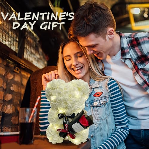 Romantic Valentines Day Gift for Her, Artificial Flowers Bouquet Necklace Rose Teddy Bear with Real Pearl Blind Box Birthday Gift, Valentiness Day Gift for Monther Wife Girl (White) - color: White