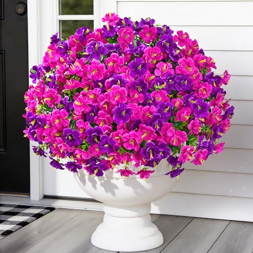 MARTINE MALL 12 Bundles Look Real Artificial Flowers for Outdoors, Realistic Fake Outdoor Flowers, UV Resistant Silk Flowers for Outside Faux Flowers Plants for Outdoor planters Porch, Purple&Fuchsia - color: Purple&fuchsia, size: 12 Bundles