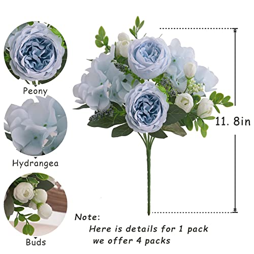 4 Bunches Artificial Flowers for Decoration Blue Peonies Fake Roses Arrangements Table Centerpiece Faux Flores for Wedding Home Vase Decor - color: Blue & White