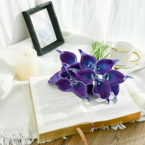 Mandy's 20pcs Purple Calla Lily Artificial Flowers | 13.5 Inch PU Realistic Bouquet for Vase Elegant Home Decor Centerpiece Wedding Bridal Bouquet Table Decoration - color: Purple-1