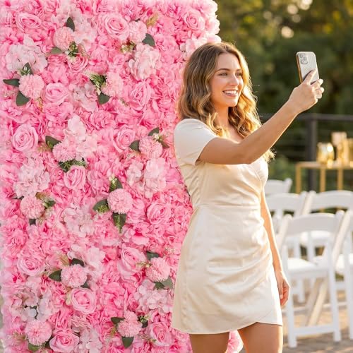 3D Flower Wall Backdrop - 6Pcs 16×24 Inch Artificial Rose Panels Pink Silk Floral Decor for Home Party Wedding Anniversary Birthday Photographic Studio Background & Decorative Fences - color: Pink, size: 6PCS-16x24