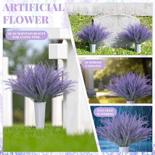 Thiccywoov 2 Sets Spring Lavender Cemetery Flowers with Vase for Grave 12 Bundles Flocked Plastic Lavender Artificial Flowers for Spring Cemetery Headstones Decoration - color: Purple, size: Lavender