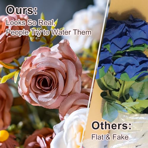 Artificial Rose Flowers for Outdoor 4 Bundles Rose Bouquet with Daisy Faux Flowers UV Resistant for Home Indoor Outside Garden Porch Window Box Balcony Yard Porch Fall Decor (White+Brown) - color: White+brown
