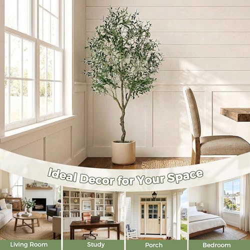 Jocoevol Olive Tree Artificial Indoor 6FT，Tall Faux Olive Tree with White Planter，Realistic Artificial Olive Tree Indoor with Natural Trunk and Lifelike Fruits for Home Office Living Room - size: 6ft