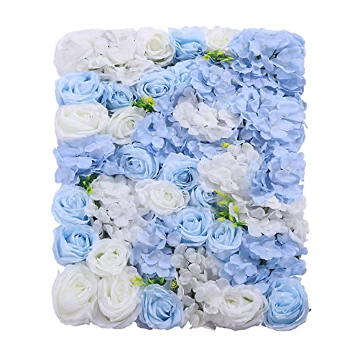 Artificial Flower Wall Panel, 4 Pcs White Silk Rose Blue Hydrangea Flower Wall Mat Fake Flower Wall Backdrop for Wedding Party Decoration 24" X 16" - color: 4pcs Blue White