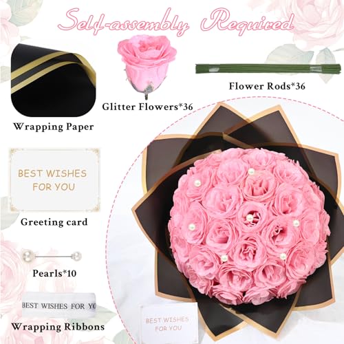 Waipfaru Pink Glitter Roses Bouquet, DIY Fake Flowers Bouquet, Artificial Rose Bouquet for Valentines, Anniversary, Engagement, Wedding, 36 Roses - color: Pink, size: 36pcs