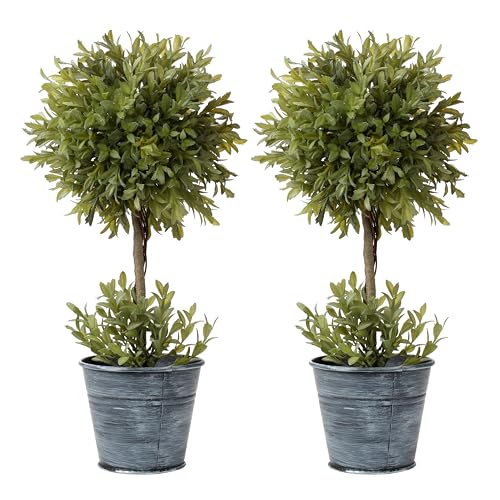 17 Inch Artificial Boxwood Topiary Tree Faux Topiary Trees Artificial Potted Shrubs with Galvanized Pot for Porch,Home,Garden Decor Farmhouse Decor Indoor & Outdoor Use - Set of 2 - color: 17 Inch #02