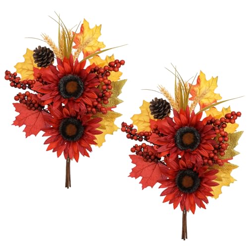 Briful Set of 2 16in Fall Burgundy Sunflower Picks and Sprays with Pinecones Berries Maple Leaves Artificial Fall Floral Branches Stems for Autumn Home Wedding Party Vase Centerpieces Decor - color: Burgundy