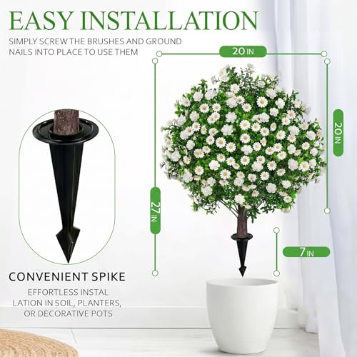 Artificial Boxwood Topiary Ball Trees Daisy Camellia Flowers with Spikes 27" Set of 2, UV Resistant Faux Mums Greenery Shrubs, Realistic Fake Bushes Plant for Outdoor Garden Front Porch Patio Decor - color: Boxwood Daisy
